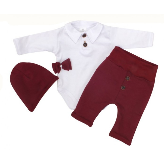Z&Z 4-dielna súpravička body, tepláčky, čiapočka a motýlik, biela/bordó, veľ. 80