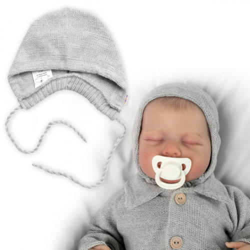 Pletená čiapočka na zaväzovanie bonetka Boy, Hand Made Baby Nellys, sivá, veľ. 68/74