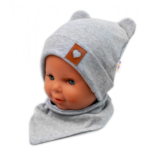 Baby Nellys Rebrovaná dvojvrstvová čiapka s uškami + šatka TEDDY - sivý melír