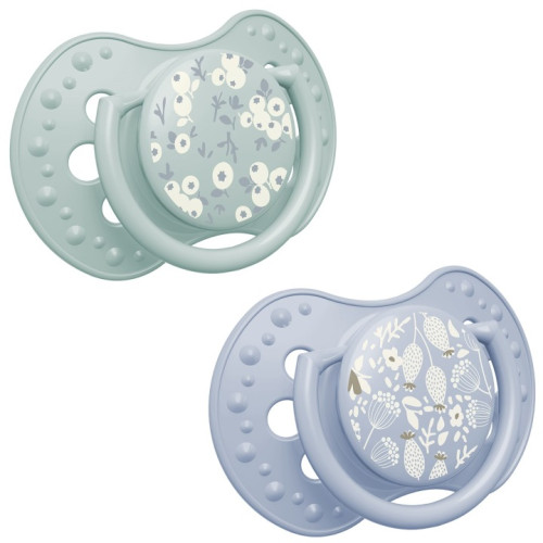 Dynamický cumlík 3–6 m, 2 ks, silikónový, symetrický, nenarúša sací reflex, Blossom blue