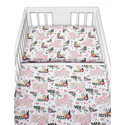 3-dielna sada - mantinel s obliečkami Zajačik na lúke - ružová, biela, 120x90 cm