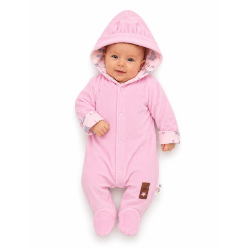 Baby Nellys Dvojvrstvový velúrový overal s kapucňou Bunny, ružový, veľ. 80