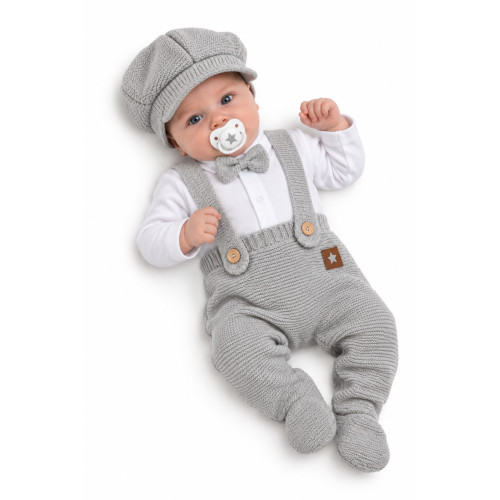 Pletená súprava Gentleman 3D, body, polodupačky s laclom, čiapočka, sivá, 62