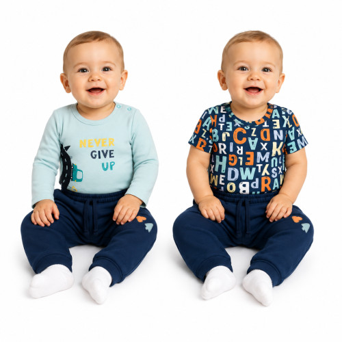 Body dl. rukáv, body kr. rukáv, tepláčiky, 3D sada K-Baby - Písmenká, modrá, veľ. 74