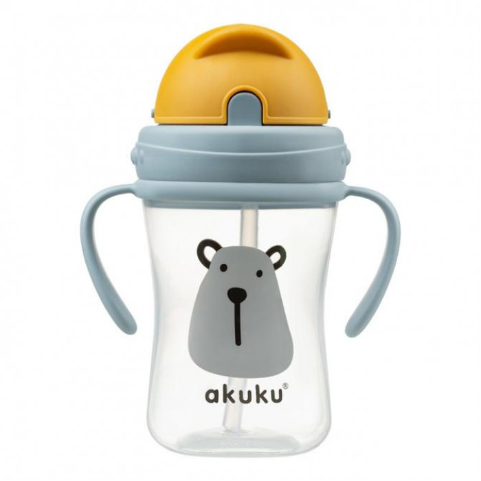 Fľaštička/hrnček s úchytmi a slamkou Medveď Akuku 300 ml, sivá/žltá