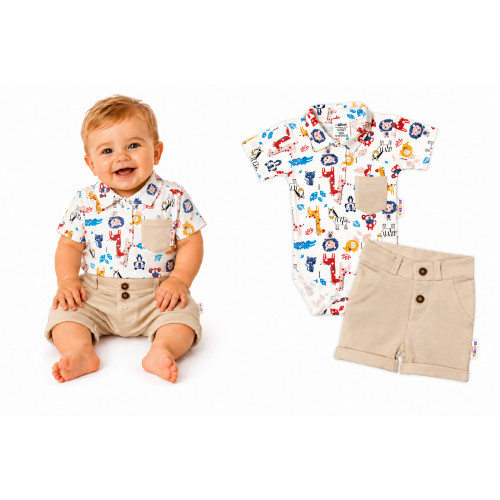 Baby Nellys 2-dielna sada body kr. rukáv, kraťasky, Safari - ecru/béžová, veľ. 62
