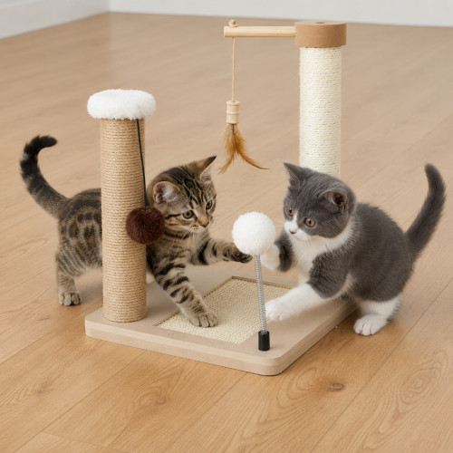 Škrabadlo pre mačky Cat Tree 40 cm – MDF, sisal, juta, guličky na pružinách a šnúrkach