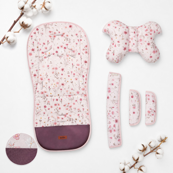 Vložka do kočíka set deluxe 4v1 – obojstranná, velvet a bavlna, kvietky, ružová