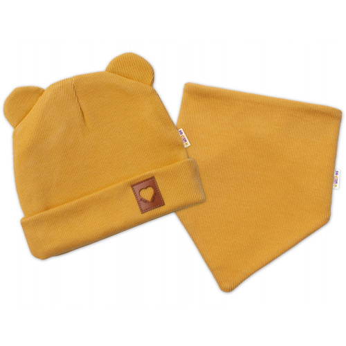 Baby Nellys Rebrovaná dvojvrstvová čiapka s uškami + šatka TEDDY - horčicová, 68/74