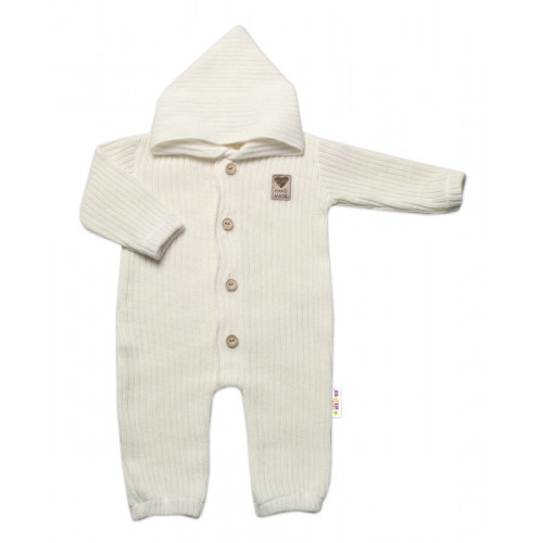 Baby Nellys Pletený overálok s kapucňou a gombíkmi Hand Made, ecru, veľ. 68/74