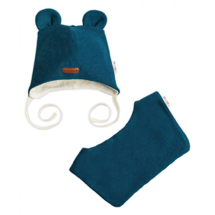 Pletená čiapka s bavlnenou podšívkou a šatkou 2v1, Teddy Hand made - petrolejová