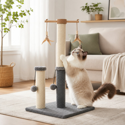 Škrabadlo pre mačky Cat Tree 64 cm s úkryt – MDF, sisal, plyš, svetlosivá