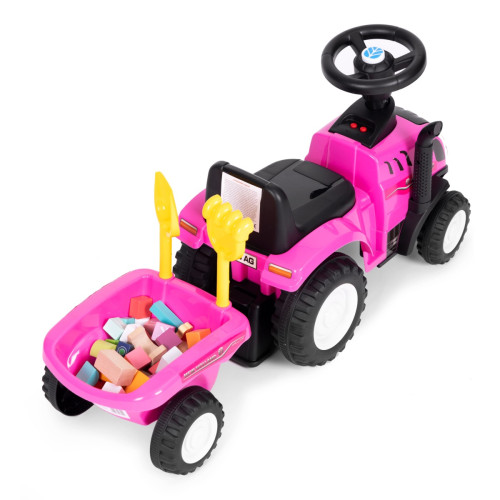 Detské odrážadlo traktor s prívesom, interaktívny volant so zvukmi, ružové