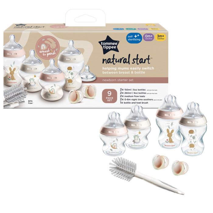 Štartovacia sada fľaštičiek Natural Start 6 ks + cumlíky + kefka, ružová