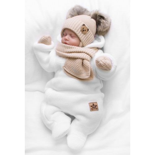 Detská sada, zimná čiapka so šálom + rukavičky 3D, Teddy Bear - béžová