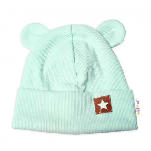 Baby Nellys Rebrovaná dvojvrstvová čiapka s uškami TEDDY - mätová, veľ. 80/86
