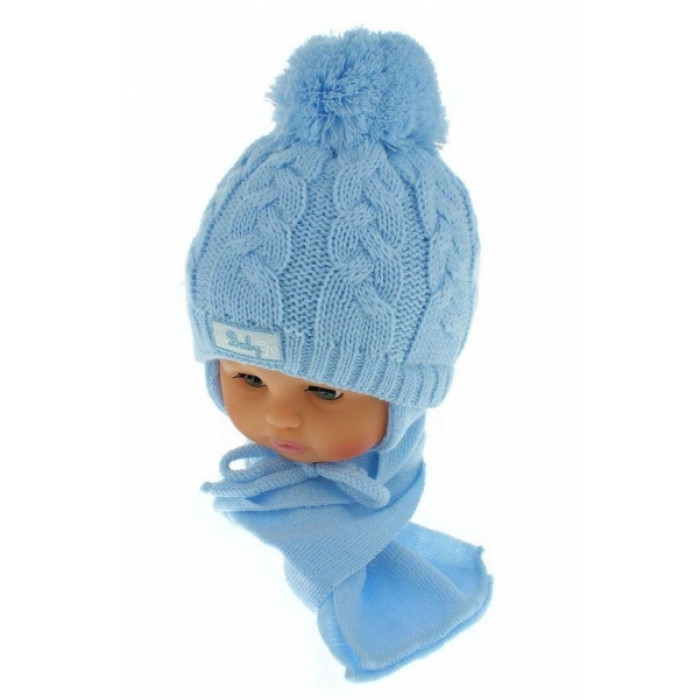 BABY NELLYS Zimná pletená čiapočka s šálom Baby Bear - modrá s brmbolcami BABY NELLYS Zimná pletená čiapočka s šálom Baby Bear - modrá s brmbolcami