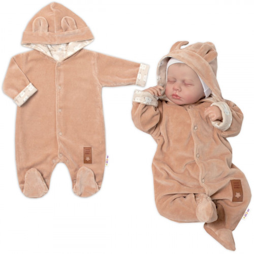 Baby Nellys Dvojvrstvový velúrový overal s kapucňou New Bunny, hnedý, veľ. 80