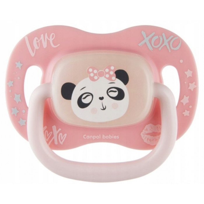 Symetrický silikónový cumlík Canpol Babies, svietiaci, 0-6 m, Exotic - Panda, ružový