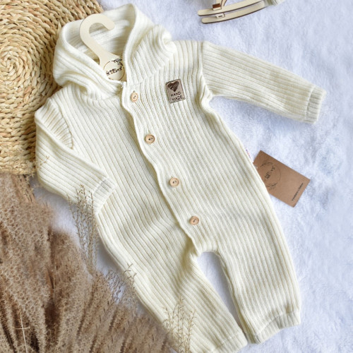 Baby Nellys Pletený overálok s kapucňou a gombíkmi Hand Made, ecru, veľ. 68/74