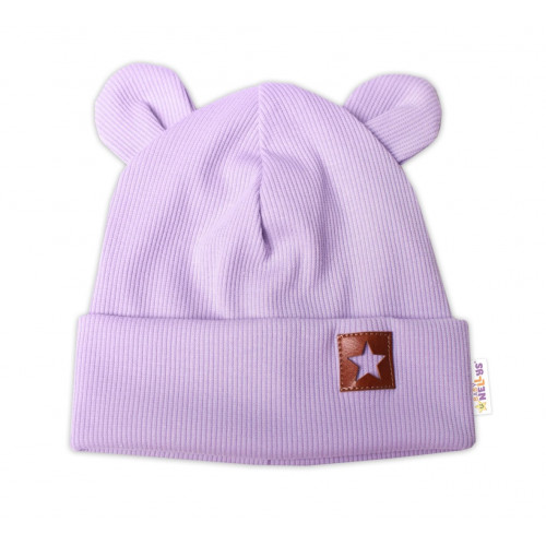 Baby Nellys Rebrovaná dvojvrstvová čiapka s uškami TEDDY - lila