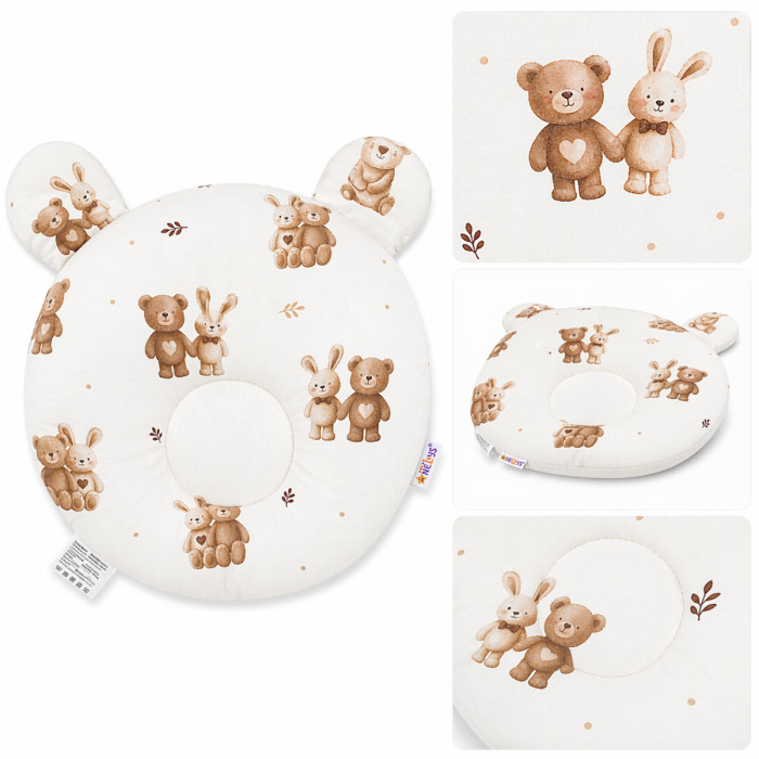 Bavlnený tvarovaný vankúšik Medvedík a zajko, biela/béžová