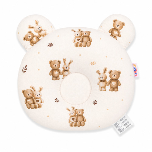 Bavlnený tvarovaný vankúšik Medvedík a zajko, biela/béžová