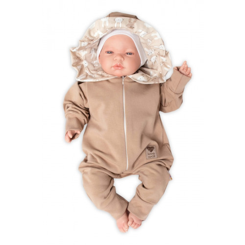 Baby Nellys Teplákový overal s kapucňou a volánikom, New Bunny - cappuccino, veľ. 74