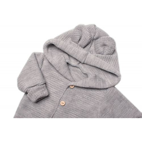Elegantný pletený svetrík s gombíkmi a kapucňou s uškami Baby Nellys, sivý, veľ. 86