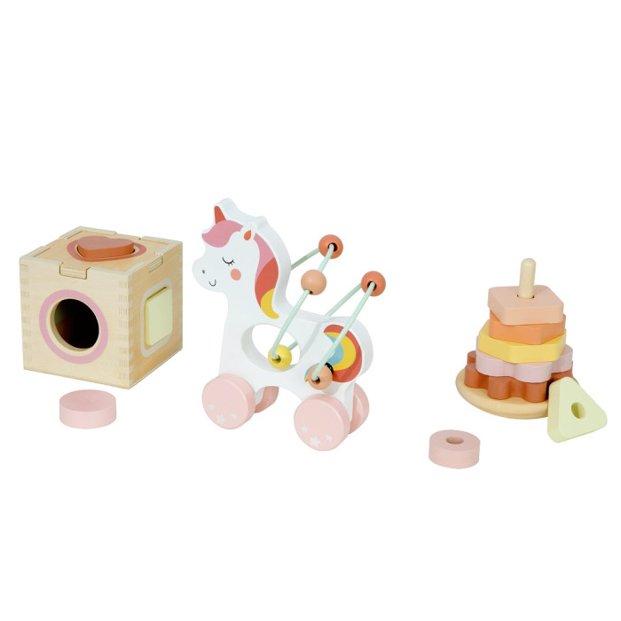 2Kids Toys Motorické hračky 3v1 Unicorn – vkladačka, pyramída, labyrint, 12m+