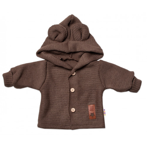 Elegantný pletený svetrík s gombíkmi a kapucňou s uškami Baby Nellys, hnedý, veľ. 68