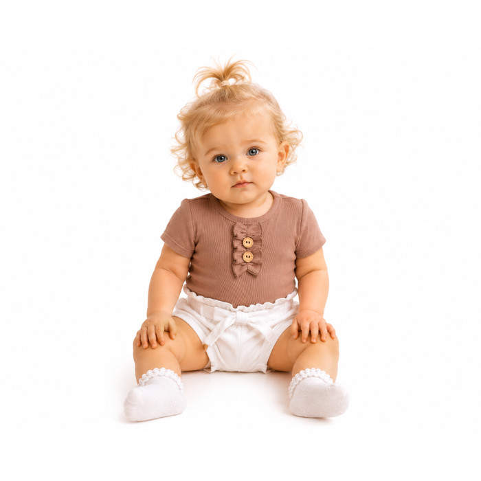 Baby Nellys Dojčenské rebrované body s gombíkmi kr. rukáv, Girl - hnedé