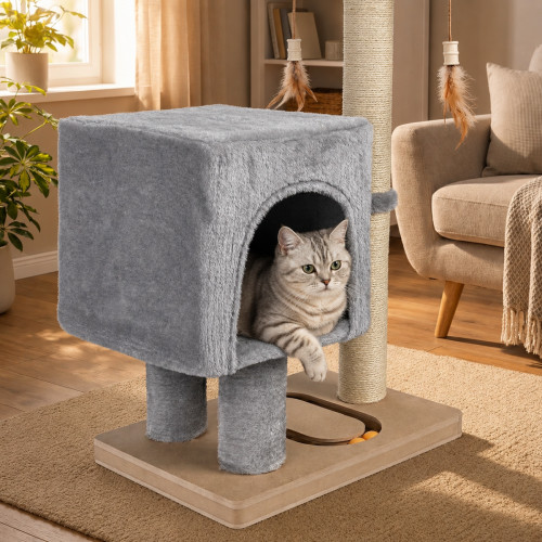Škrabadlo pre mačky Cat Tree 64 cm s úkryt – MDF, sisal, plyš, svetlosivá