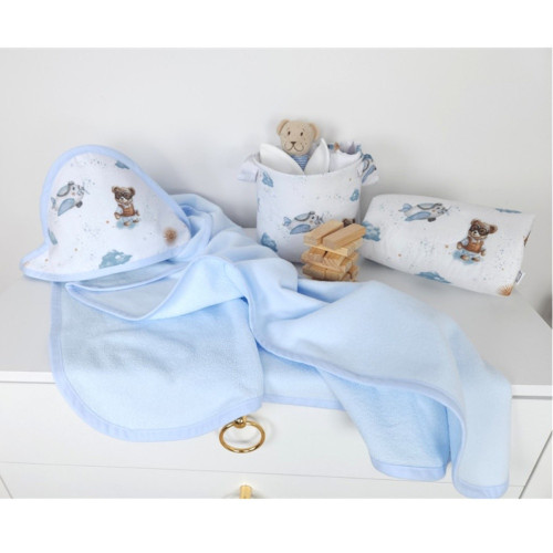 Detská osuška 100x100cm, froté bavlna, Méďa pilot - biela, modrá