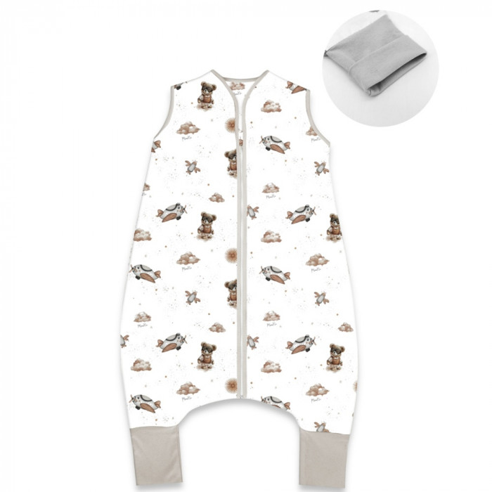 Letný spací vak so zahrnovacími nohavičkami, bavlna, Méďa pilot - biela, béžová, veľ. M