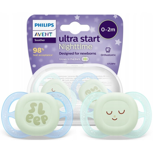 Ultra Start Nighttime cumlík 0–2 m, 2 ks – svietiaci, ortodontický, BPA FREE