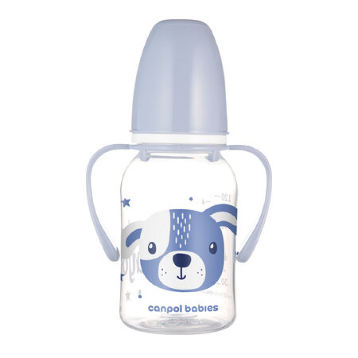 Detská fľaša s držadlami Cute Animals 120 ml – silikónový cumlík, modrá