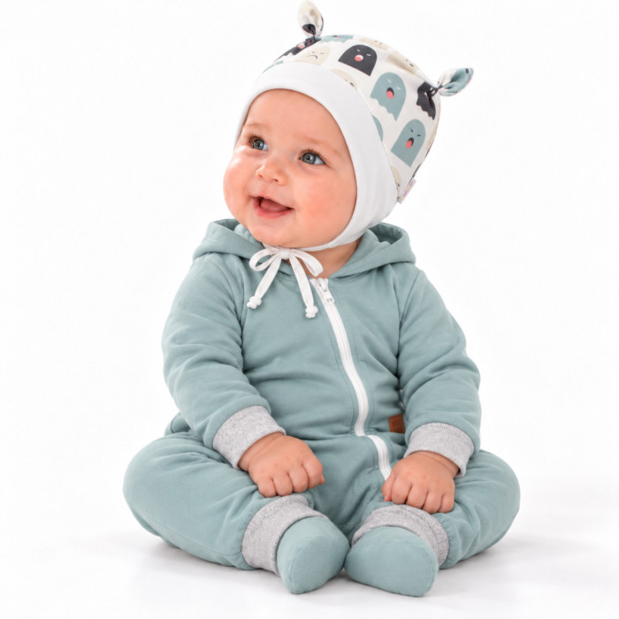 Baby Nellys Dojčenská čiapočka uzlíček na zaväzovanie - Príšerky, biela/mätová, veľ. 68/74