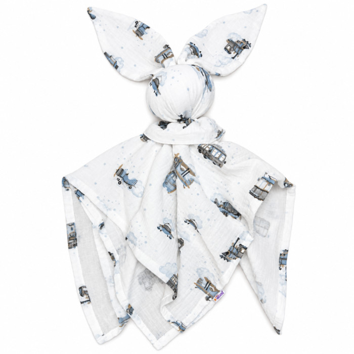 Mušelínová plienka, maznáčik, prítulníček Baby Nellys Bunny, Vláčički, modré, ecru