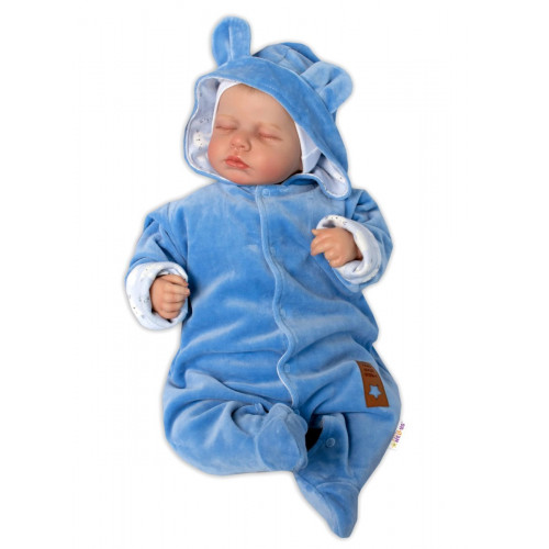 Baby Nellys Dvojvrstvový velúrový overal s kapucňou New Bunny, modrý, veľ. 74