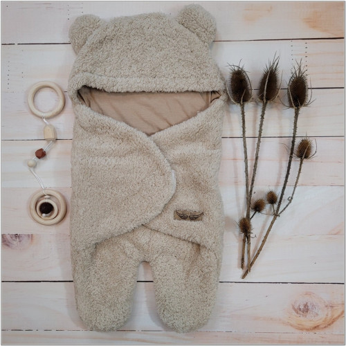 Chlpáčková zavinovačka s kapucňou a nožičkami, Medvedík, béžová