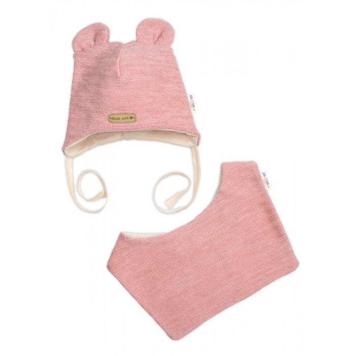 Pletená čiapka s bavlnenou podšívkou a šatkou 2v1, Teddy Hand made - rúžová, 80/86
