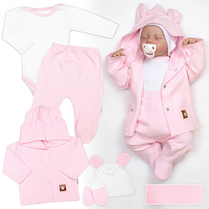 Rebrovaná sada, Star 5D, body, polodupačky, kabátik, čiapka, rukavice - rúžová, biela,68