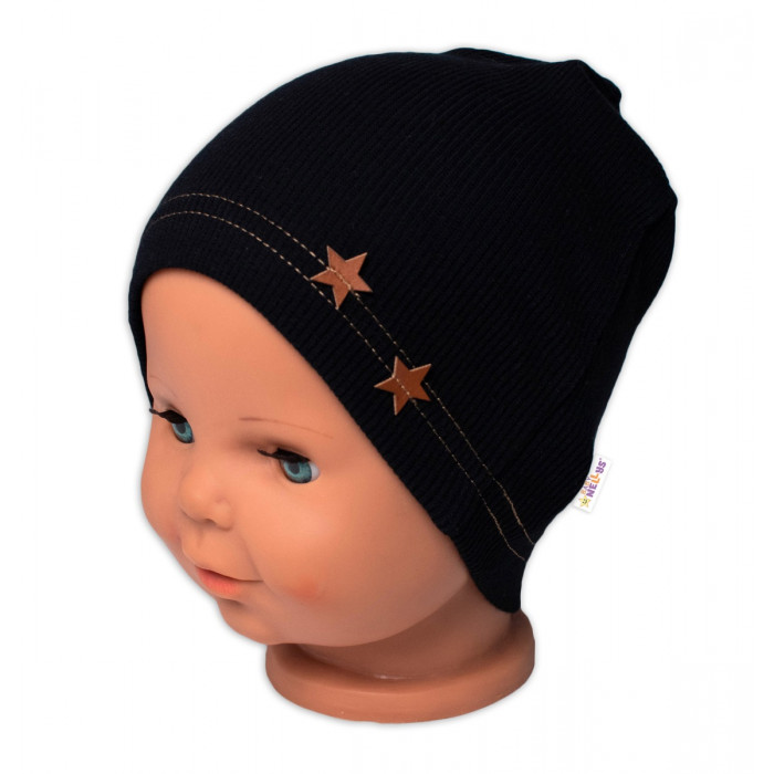 Baby Nellys Rebrovaná čiapka Hviezdičky - čierna, vel. 92/98