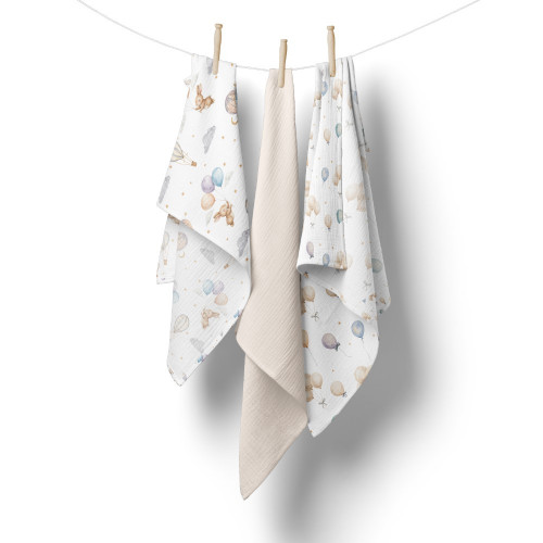 Mušelínové plienky pre bábätko 3 ks 70 × 70 cm z jemnej bavlny - béžové, Zajíček a balónik