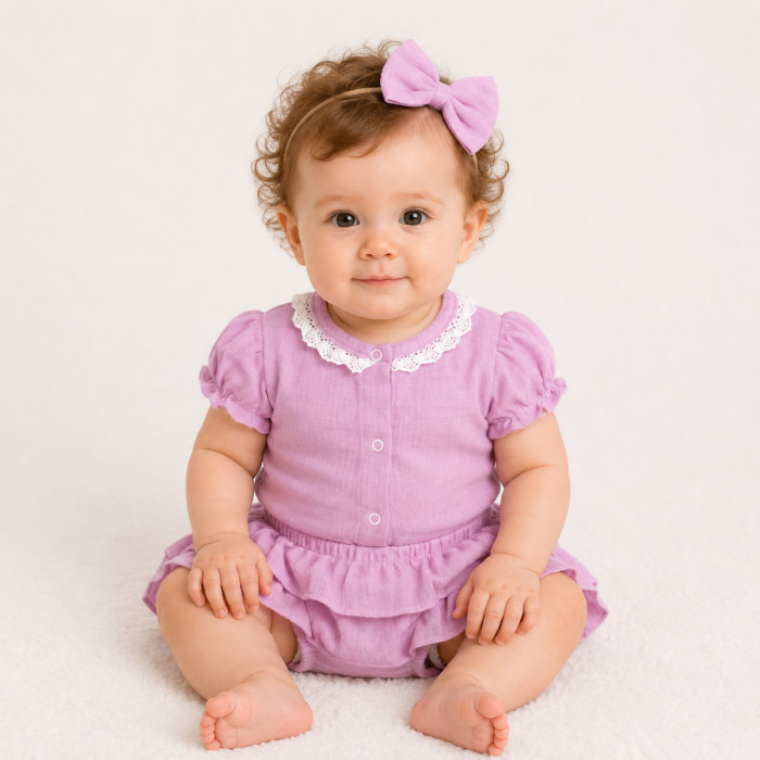 Baby Nellys 3-dielna mušelínová súpravička, body, kraťasky+čelenka GIRL, lila
