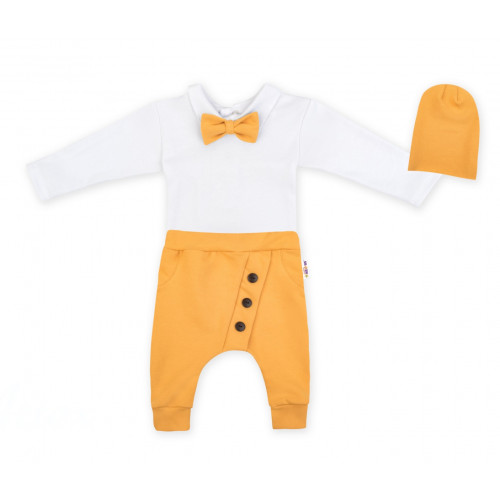 Baby Nellys 3-dielna sada Hubert, body s motýlikom, tepláčiky a čiapočka - hořčica, veľ.92