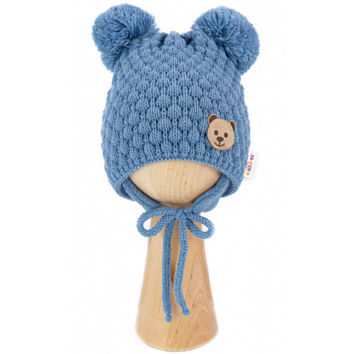 Zimná pletená čiapka Teddy Bear na zaväzovanie, modrá
