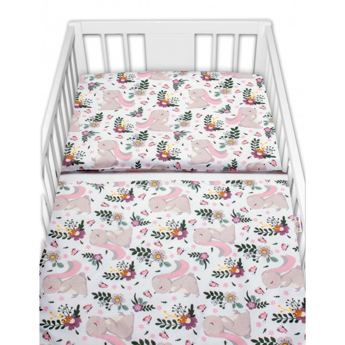 Baby Nellys 2-dielne bavlnené obliečky Zajačik na lúke - ružová, biela