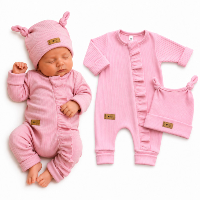 Detská súprava Nature Girl – rebrovaný overal s čiapočkou, 2D, bavlna, baby pink, 68